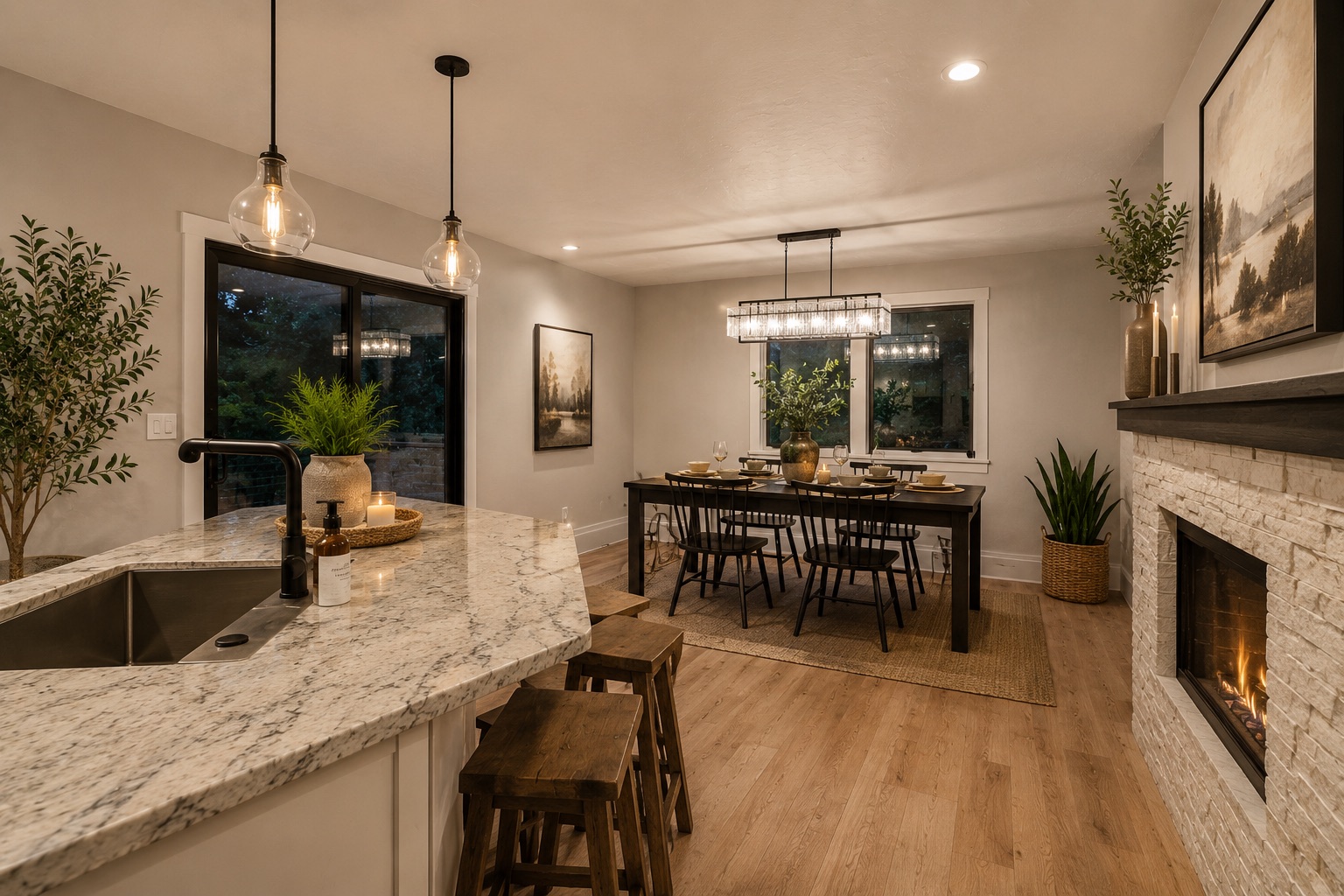 Dining room with fireplace at dusk