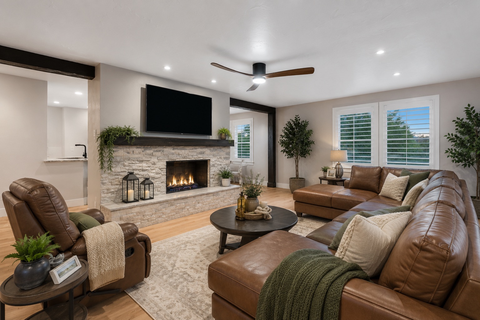 Family room with stone fireplace